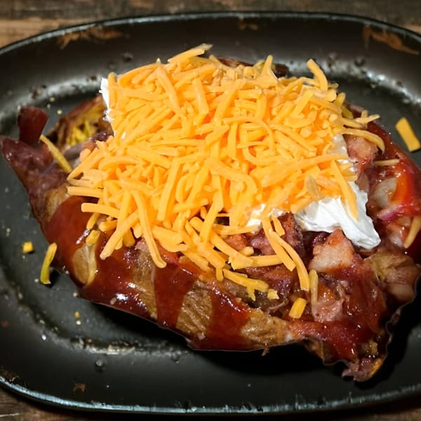 A loaded baked potato with shredded cheddar cheese, bacon bits, sour cream, and BBQ sauce.